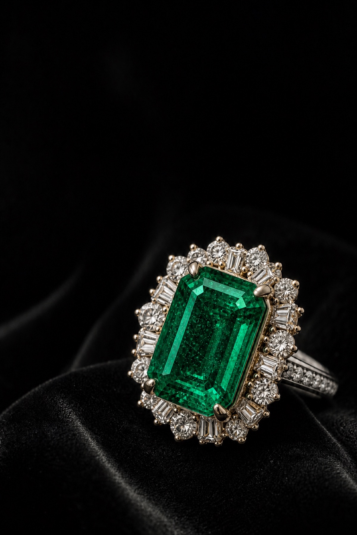Anel de esmeralda e diamantes sobre veludo preto